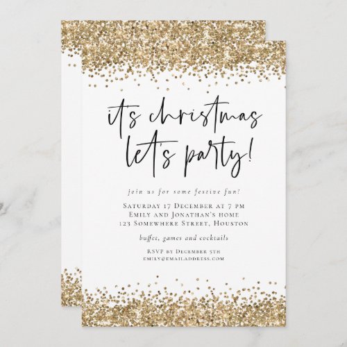 Gold Glitter Christmas Lets Party Glam Invitation