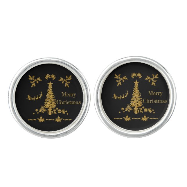 Gold Glitter Christmas, Merry Christmas  Cufflinks (Front)