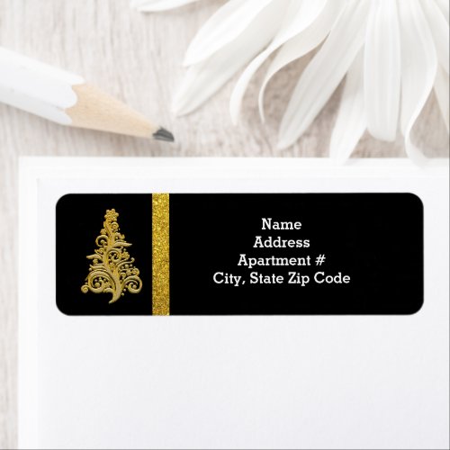 Gold Glitter Christmas Tree on Black Return Label