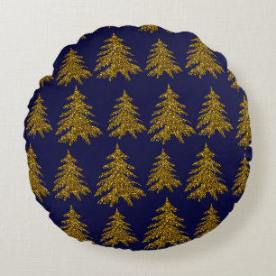 Gold glitter Christmas tree on blue background Round Pillow