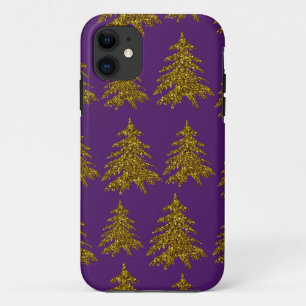 Gold glitter Christmas tree on purple background iPhone 11 Case