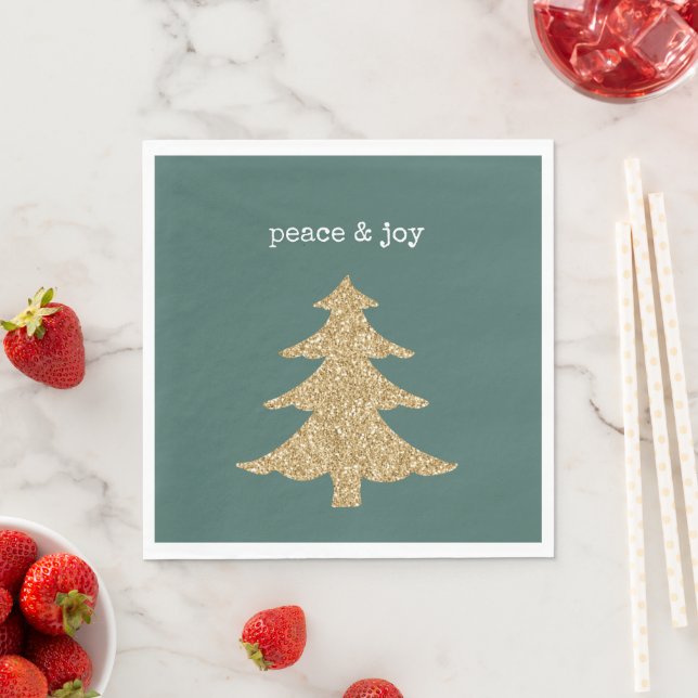 Gold Glitter Christmas Tree Pine Green Peace Napkins (Insitu)
