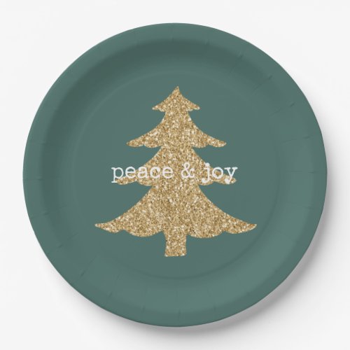 Gold Glitter Christmas Tree Pine Green Peace Paper Plates