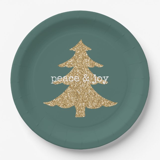 Gold Glitter Christmas Tree Pine Green Peace Paper Plates (Front)