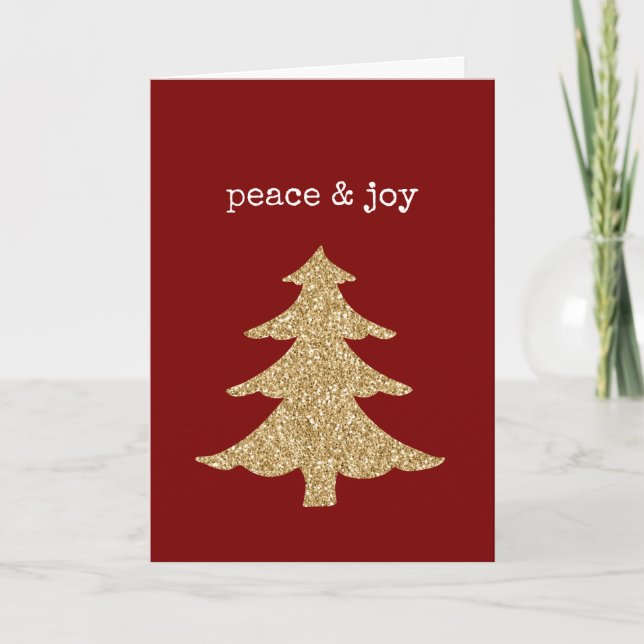 Gold Glitter Christmas Tree Red Peace Joy Card (Front)