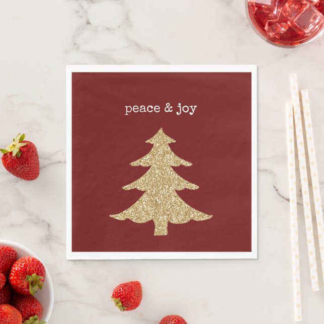 Gold Glitter Christmas Tree Red Peace Napkins (Insitu)