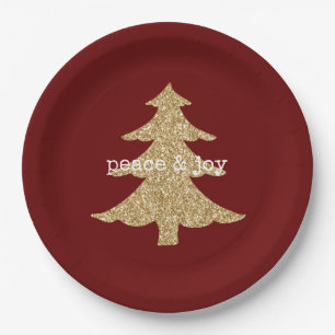 Gold Glitter Christmas Tree Red Peace Paper Plates