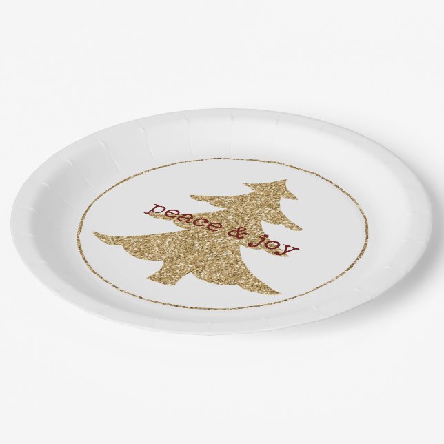 Gold Glitter Christmas Tree Red White Peace Paper Plates (Angled)