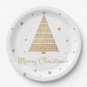 Gold Glitter Christmas Tree Star Merry Christmas Paper Plates
