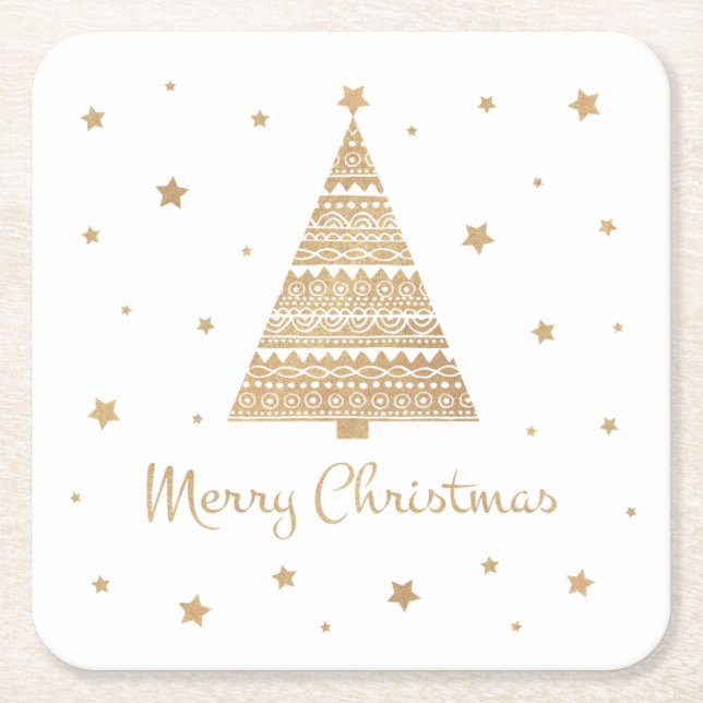 Gold Glitter Christmas Tree Star Merry Christmas  Square Paper Coaster (Front)