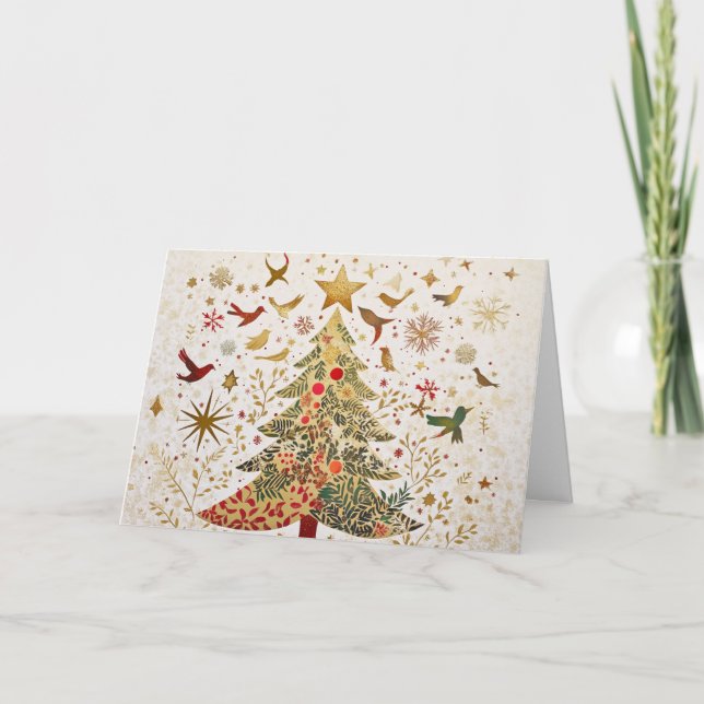 Gold Glitter Christmas Tree with Cut-Outs Card (Front)