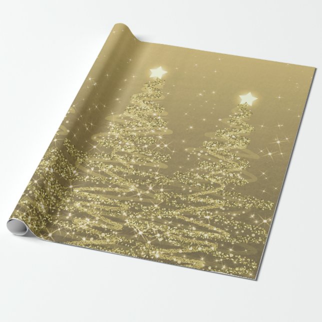 Gold Glitter Christmas Trees Holiday Wrapping Paper (Unrolled)