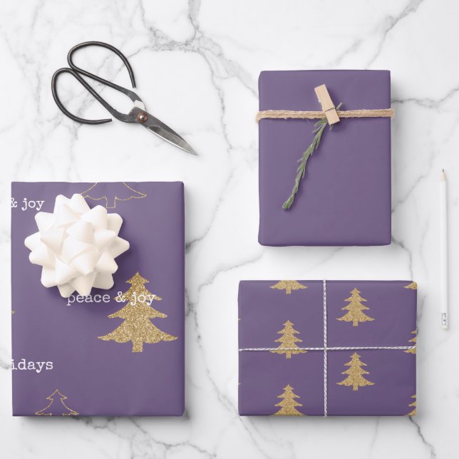 Gold Glitter Christmas Trees Purple Quotes Wrapping Paper Sheets (Front)