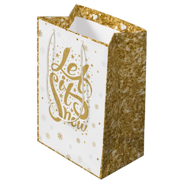 Gold Glitter Christmas Typography Let It Snow Medium Gift Bag (Back Angled)