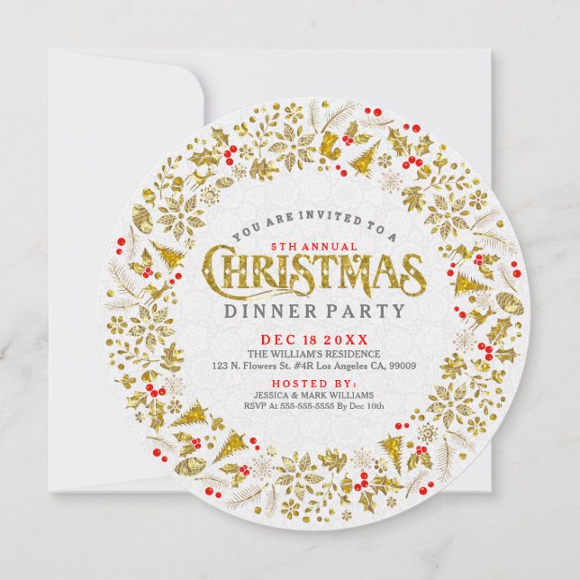Gold Glitter Christmas Wreath Dinner Invite (Back)