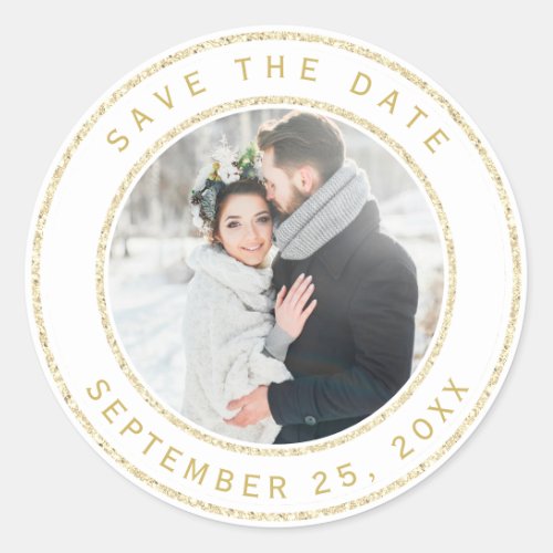 Gold Glitter Circle Wedding Photo Save the Date Classic Round Sticker
