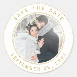 Gold Glitter Circle Wedding Photo Save the Date Classic Round Sticker