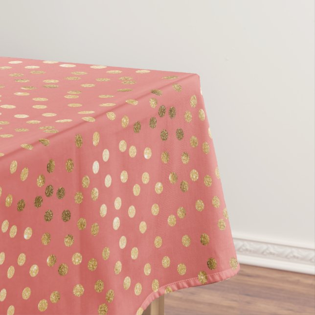 Gold Glitter City Dots on Coral Pink Table Cloth (In Situ)