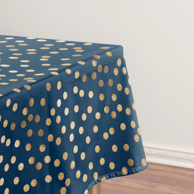 Gold Glitter City Dots on Navy Blue Tablecloth (In Situ)