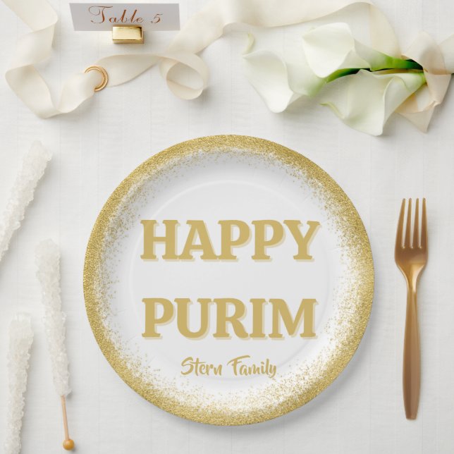 Gold Glitter Classic Custom Happy Purim Paper Plates (Wedding)