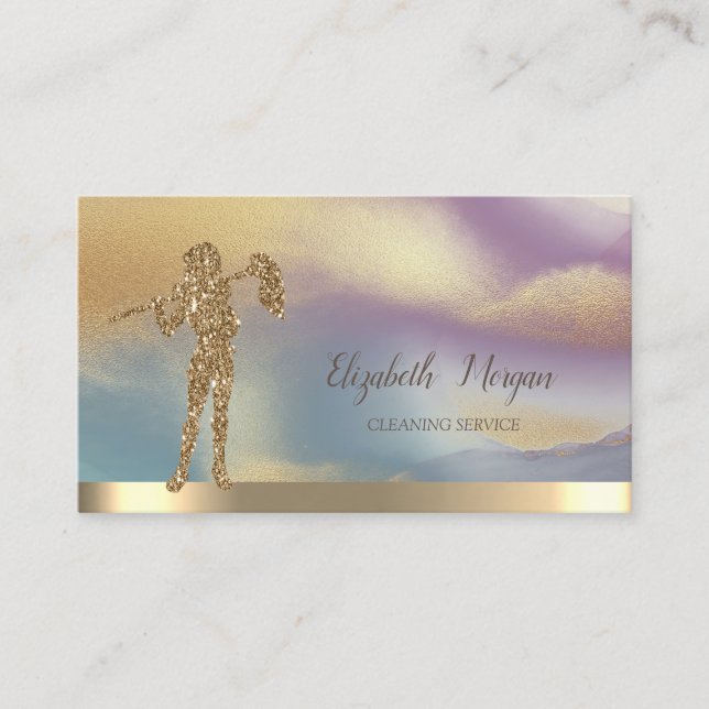 Gold Glitter Cleaning Lady Colorful Business Card (Front)