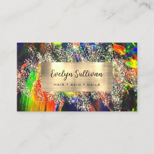 Gold glitter colorful black opal business card