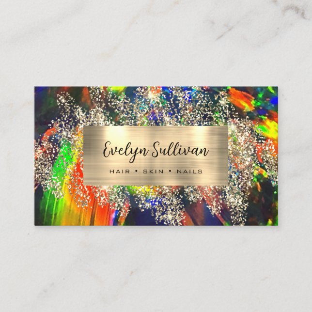 Gold glitter colorful black opal business card (Front)