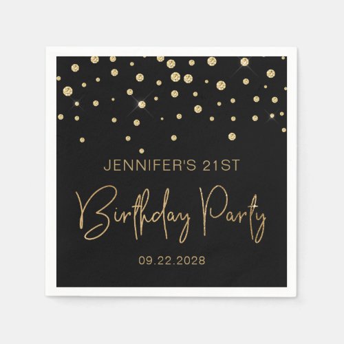 Gold Glitter Confetti 21st Birthday Party Black Napkins