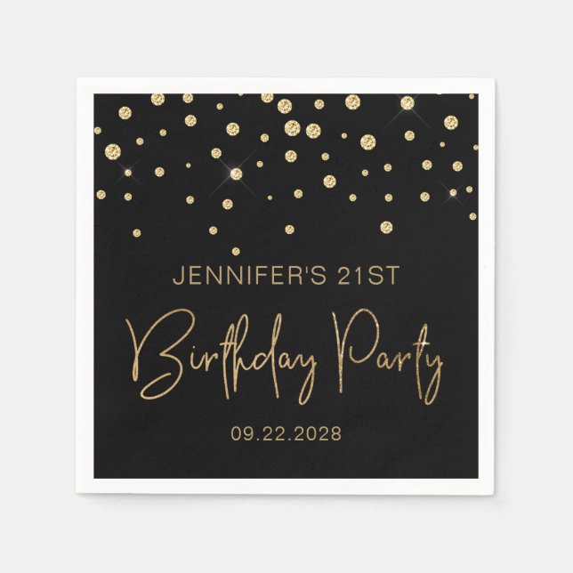 Gold Glitter Confetti 21st Birthday Party Black Napkins (Front)