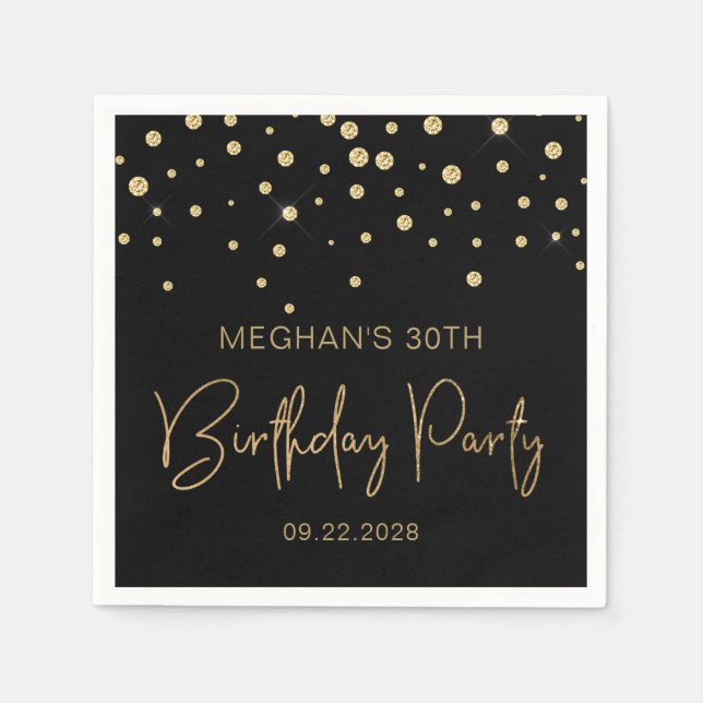 Gold Glitter Confetti 30th Birthday Party Black Napkins (Front)