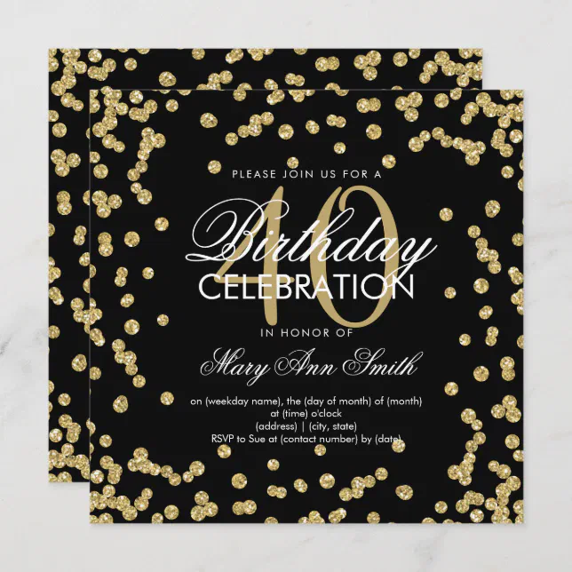 Gold Glitter Confetti 40th Birthday White Black Invitation | Zazzle