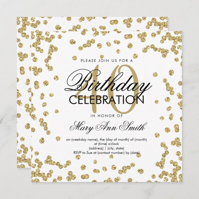 Gold Glitter Confetti 40th Birthday White Invitation (Front/Back)
