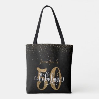 Gold Glitter & Confetti 50 & Fabulous Personalized Tote Bag
