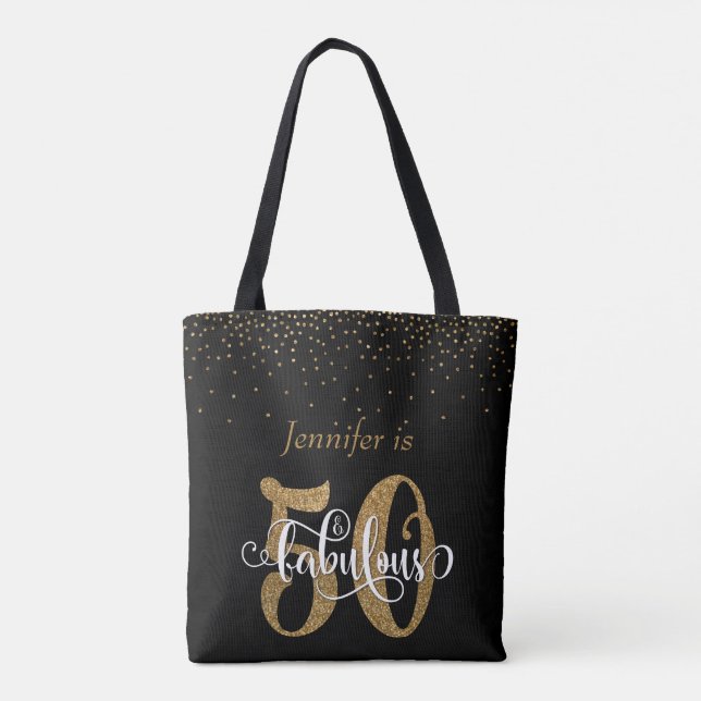 Gold Glitter & Confetti 50 & Fabulous Personalized Tote Bag (Back)