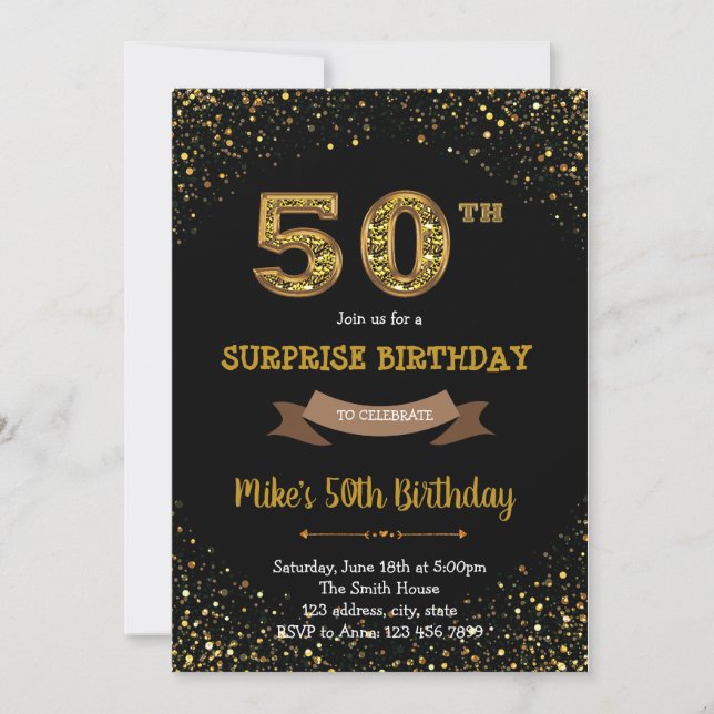 Gold glitter confetti 50th birthday invitation (Front)