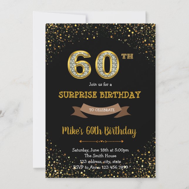 Gold glitter confetti 60th birthday invitation (Front)