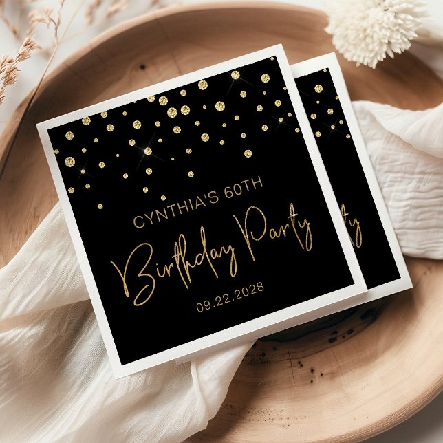 Gold Glitter Confetti 60th Birthday Party Black Napkins (Creator Uploaded)