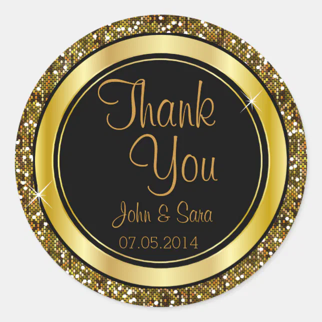 Gold Glitter Confetti and Black Elegance Classic Round Sticker | Zazzle