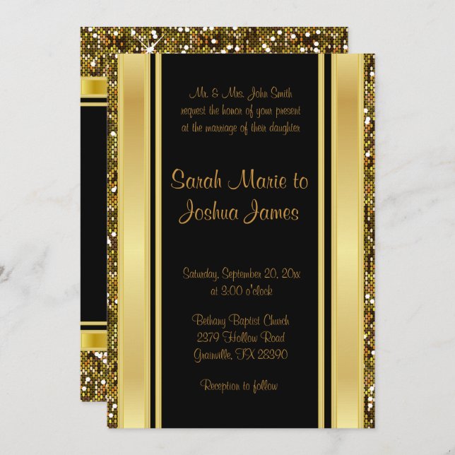 Gold Glitter Confetti and Black Elegance Invitation (Front/Back)
