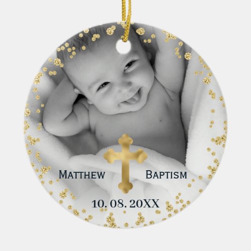 Gold Glitter Confetti Baby Baptism Photo Ceramic Ornament