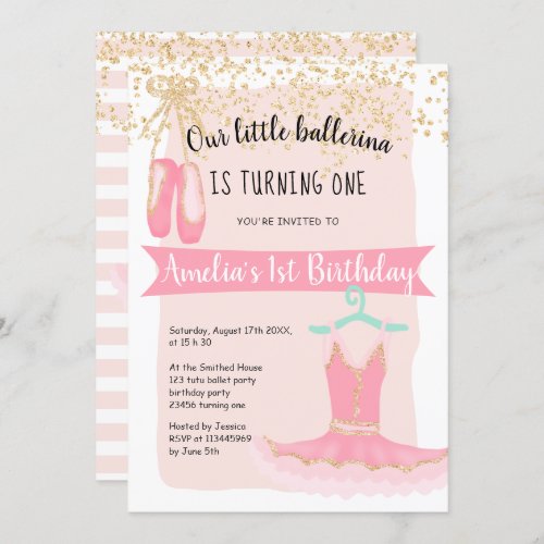 Gold glitter confetti ballerina tutu 1st birthday invitation