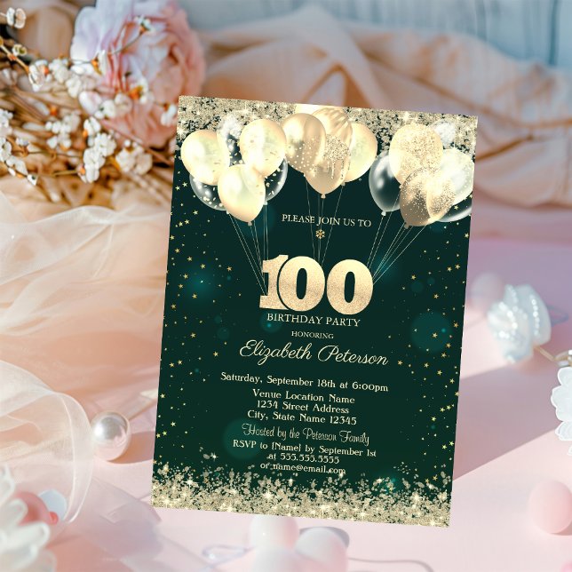 Gold Glitter Confetti Balloons Green 100t Birthday Invitation (Creator Uploaded)
