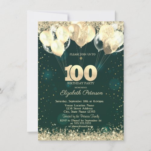 Gold Glitter Confetti Balloons Green 100t Birthday Invitation