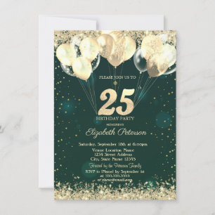 Gold Glitter Confetti Balloons Green 25th Birthday Invitation
