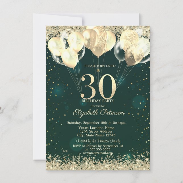 Gold Glitter Confetti Balloons Green 30th Birthday Invitation (Front)