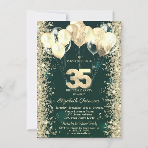 Gold Glitter Confetti Balloons Green 35th Birthday Invitation
