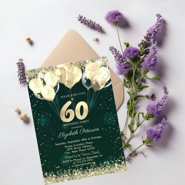 Gold Glitter Confetti Balloons Green 60th Birthday Invitation (Creator Uploaded)