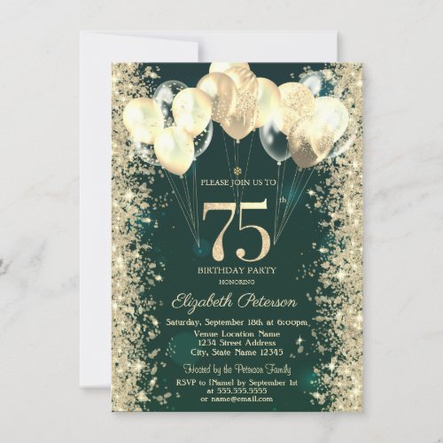 Gold Glitter Confetti Balloons Green 75th Birthday Invitation