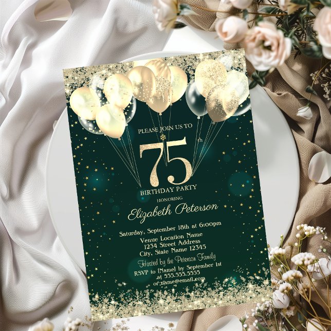 Gold Glitter Confetti Balloons Green 75th Birthday Invitation (Creator Uploaded)