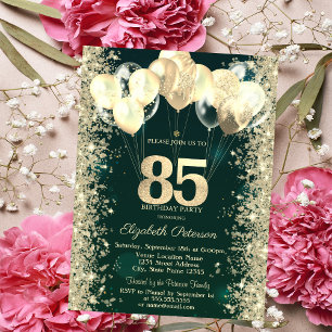 Gold Glitter Confetti Balloons Green 85th Birthday Invitation